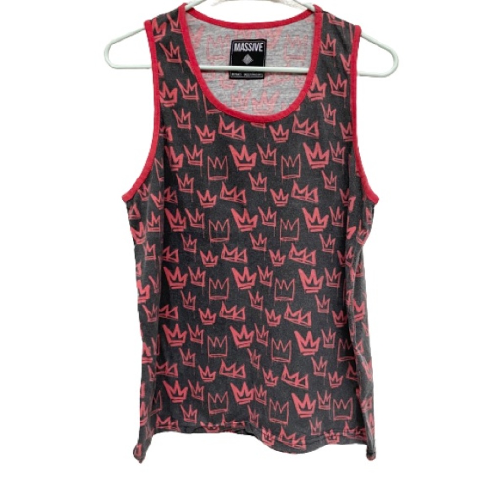 Massive Tank Top with All Over Crown Print Crew Neck Red and Black Size Large